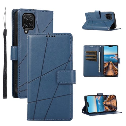 Funda para teléfono Samsung Galaxy A12 PU con línea en relieve y textura de cuero genuino (Azul)