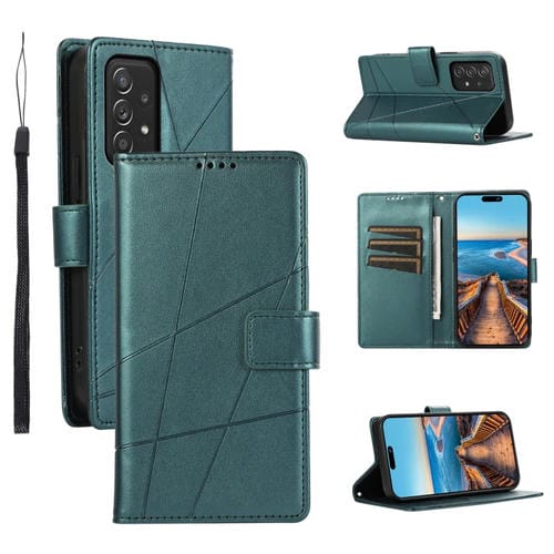 Funda para Teléfono Samsung Galaxy A52 5G PU con Línea en Relieve y Textura de Cuero Genuino (Verde)