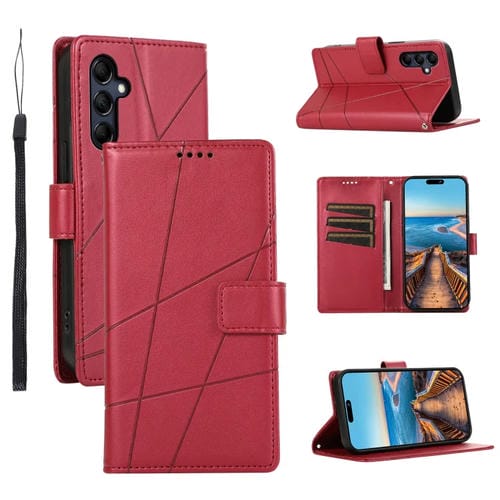 Funda para Teléfono Samsung Galaxy M14 con Línea en Relieve Textura Cuero Genuino (Rojo)