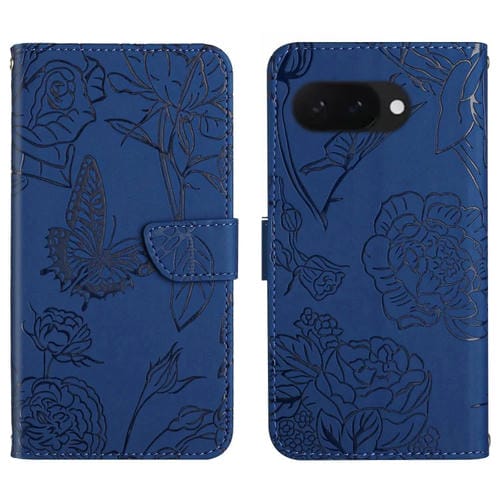 Funda de Cuero con Tapa y Mariposas en Relieve para Google Pixel 9A (Azul)