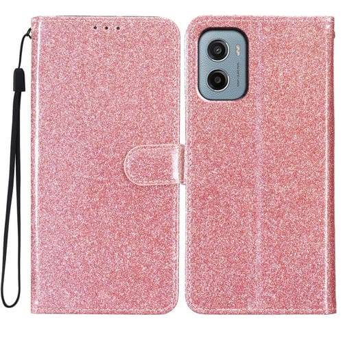 Funda de Cuero con Tapa y Purpurina para Motorola Moto E15 (Oro Rosa)