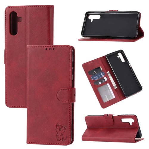 Funda para Teléfono Samsung Galaxy A15 Cuero con Tapa Patrón Gato Feliz (Rojo)