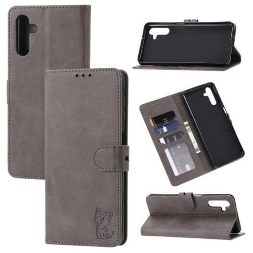 Funda para Teléfono Samsung Galaxy A35 5G Cuero con Tapa y Patrón Gato Feliz en Relieve (Gris)
