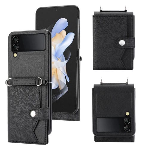 Funda para Teléfono Samsung Galaxy Z Flip3 5G con Tarjetero de Un Solo Botón Patrón Litchi y Cordón Largo (Negro)