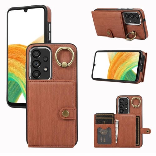 Funda para Teléfono Samsung Galaxy A33 5G con Soporte para Anillo y Billetera con Textura Cepillada (Marrón)