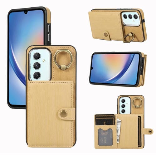Funda para Teléfono Samsung Galaxy A34 5G con Soporte para Anillo y Billetera con Textura Cepillada (Amarillo)