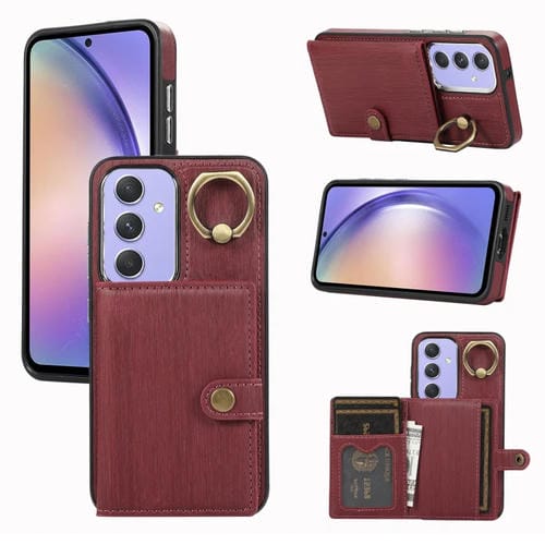 Funda para Teléfono Samsung Galaxy A54 5G con Soporte para Anillo y Billetera con Textura Cepillada (Rojo Oscuro)