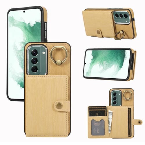 Funda para Teléfono Samsung Galaxy S22+ 5G con Soporte para Anillo y Billetera con Textura Cepillada (Amarillo)