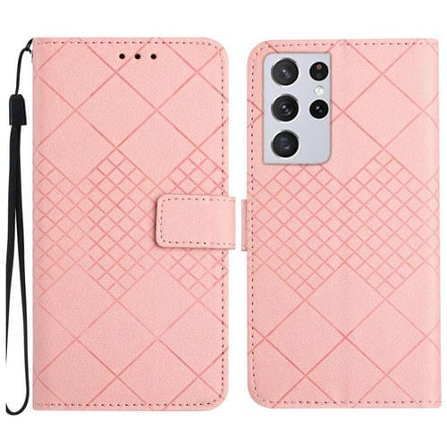 Funda para Samsung Galaxy S21 Ultra 5G Cuero Textura Rejilla Rómbica (Rosa)