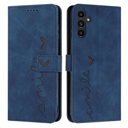 Funda para Samsung Galaxy A15 Skin Feel Heart Cuero En Relieve con Cordón Largo (Azul)