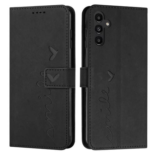 Funda para teléfono Samsung Galaxy A55 Skin Feel Heart de cuero en relieve con cordón largo (Negro)