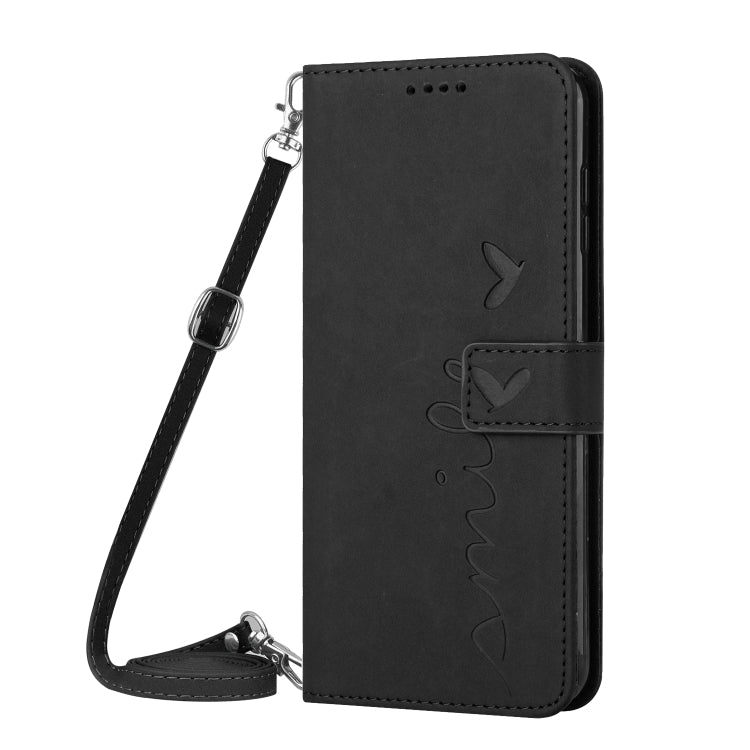 Funda de Piel con Relieve de Corazón y Cordón Largo para Teléfono Itel A50 (Negro)