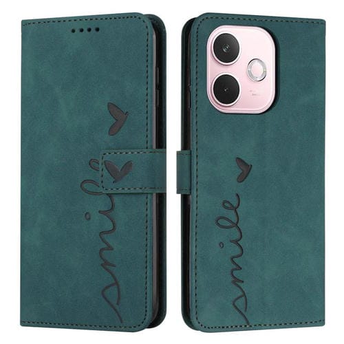 Funda de Piel con Relieve de Corazón y Cordón Largo para Oppo A5 Pro 5G (Verde)