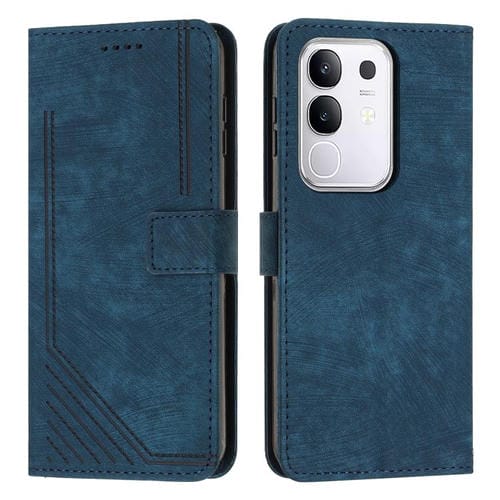 Funda de Cuero con Estampado de Rayas y Cordón para Vivo Y29 4G (Azul)