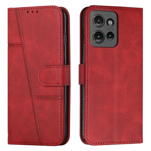 Funda de Cuero con Textura de Becerro y Costuras para Motorola Edge 50 (Rojo)