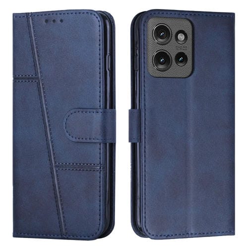 Funda de Cuero con Textura de Becerro y Costuras para Motorola Edge 50 (Azul)