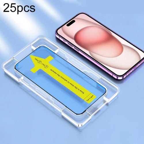 Película de Vidrio Templado para iPhone 15 HD Antiestática a Prueba de Polvo Fijación Rápida (25 Piezas) - MOVILSTORE