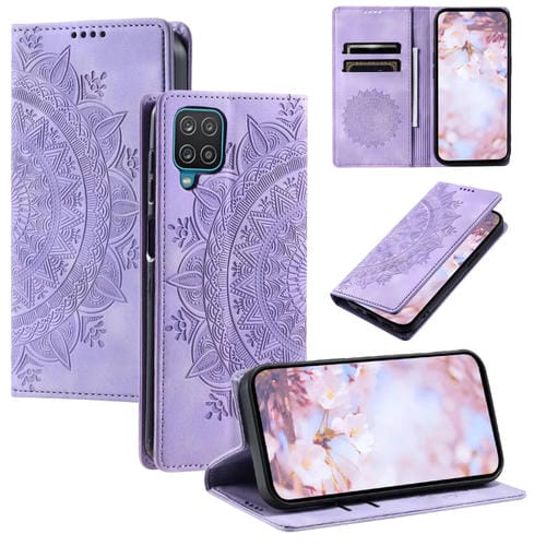 Estuche para Teléfono Samsung Galaxy A12 5G M12 F12 Cuero Magnético Relieve de Tótem (Púrpura)