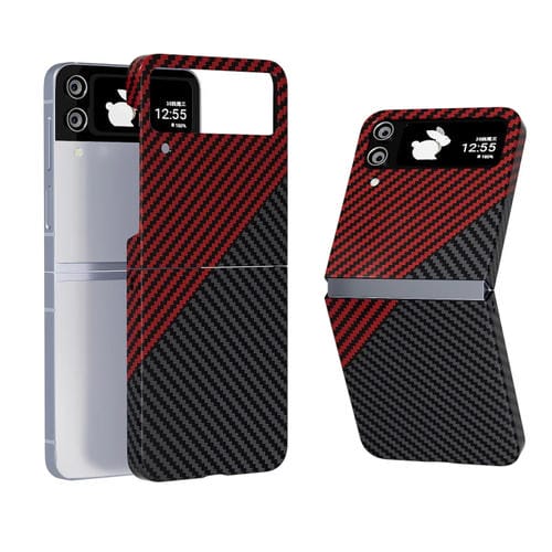 Funda Protectora Samsung Galaxy Z Flip4 Textura Fibra de Carbono con CalcomanĂa (Gris Rojo)