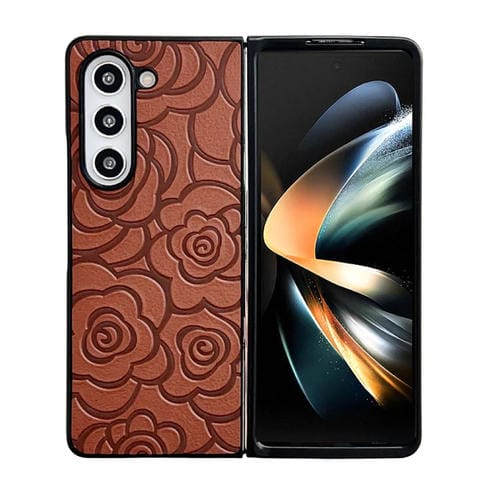 Funda Protectora Samsung Galaxy Z Fold3 Patrón de Flores Impresa (Marrón)