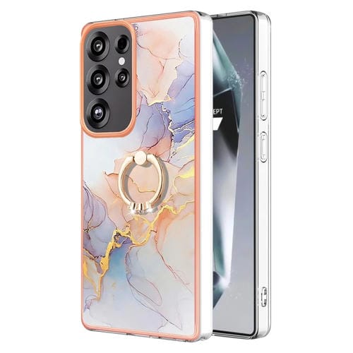 Funda a prueba de golpes TPU Samsung Galaxy S25 Ultra 5G con soporte y patrón galvanoplastia (Mármol Blanco Vía Láctea)