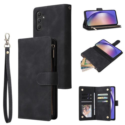 Funda de Cuero Samsung Galaxy A55 5G con Billetera y Cremallera Esmerilada Multifuncional (Negro)