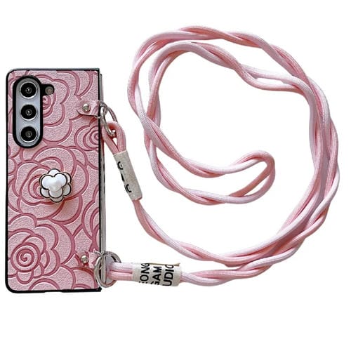 Funda Protectora Samsung Galaxy Z Fold5 5G Impression Camellia Pattern con Cordón Largo (Rosa)