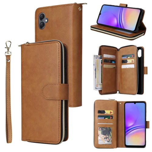 Funda de Cuero para Samsung Galaxy A05 Bolsa Tipo Billetera con 9 Ranuras para Tarjetas y Cremallera (Marrón)