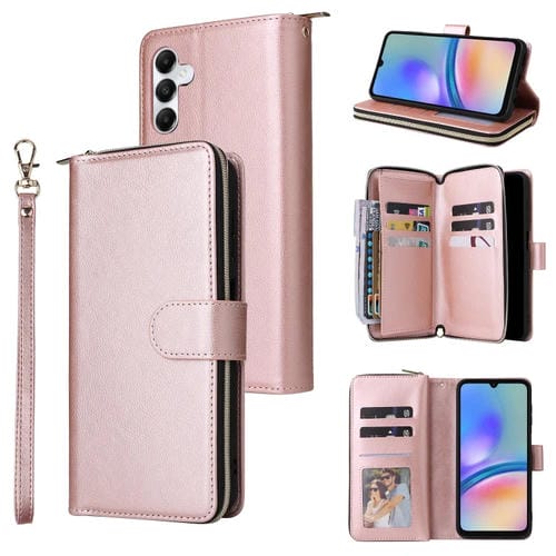Funda para Samsung Galaxy A05S Cartera con Cremallera 9 Ranuras para Tarjetas (Oro Rosa)