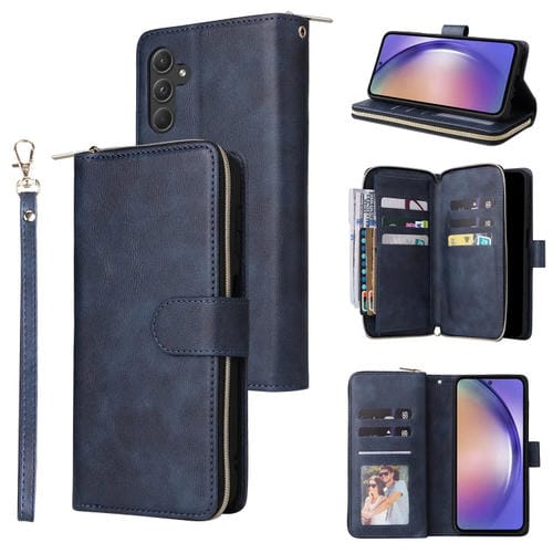 Funda para Samsung Galaxy A55 Cuero Bolsa Tipo Billetera con Cremallera y Ranuras para 9 Tarjetas (Azul)