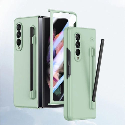 Estuche para teléfono Samsung Galaxy Z Fold3 con sensación de piel para PC con bolígrafo (Verde Claro)