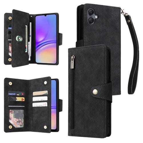 Funda de Cuero para Samsung Galaxy A05 con Remache Hebilla y 9 Tarjetas Tres Pliegues (Negro)