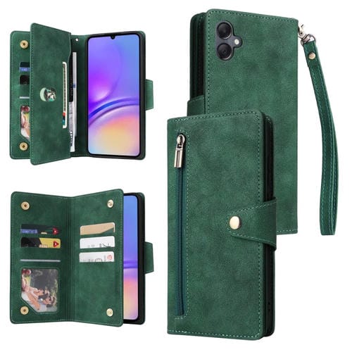 Funda de Cuero Samsung Galaxy A05 con Remache Hebilla y 9 Tarjetas con Tres Pliegues (Verde)