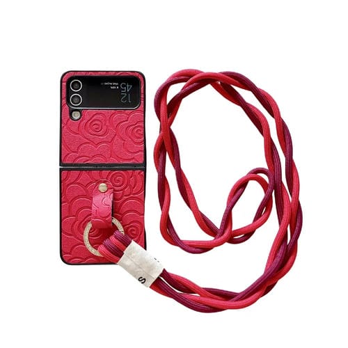 Funda Protectora Samsung Galaxy Z Flip3 5G con Patrón de Camelia y Cordón Largo con Anillo de Diamante (Rojo)