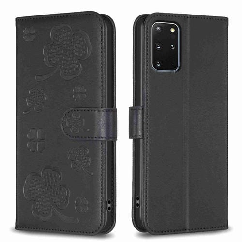 Funda para Samsung Galaxy S20 con Cuero y Relieve de Cuatro Hojas (Negro)