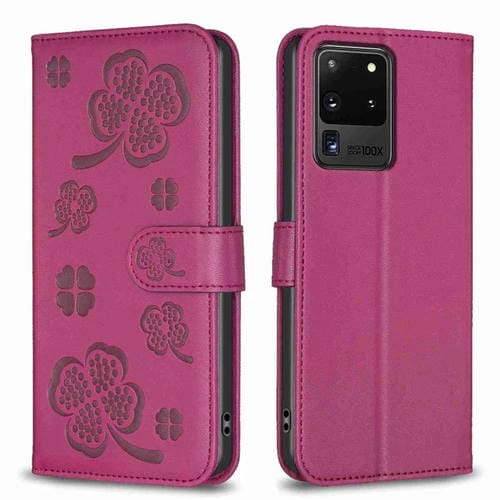 Funda de Cuero Samsung Galaxy S20 Ultra con Relieve de Cuatro Hojas (Rojo Rosa)