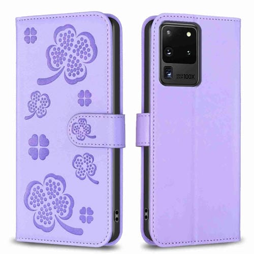 Funda para Samsung Galaxy S20 Ultra Cuero Relieve Cuatro Hojas (Púrpura)
