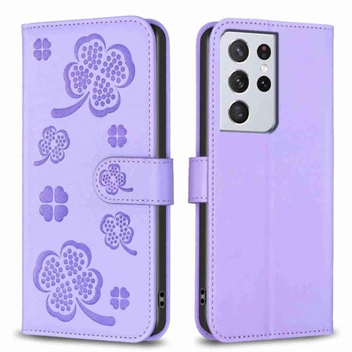 Funda para Teléfono Samsung Galaxy S21 Ultra 5G Cuero Relieve Cuatro Hojas (Púrpura)