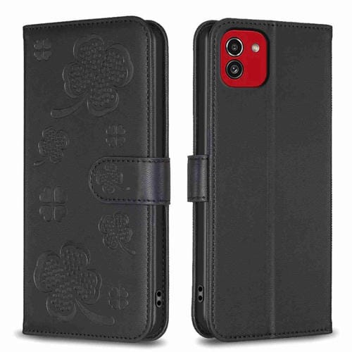 Funda de Cuero Samsung Galaxy A03 166mm con Relieve de Cuatro Hojas (Negro)