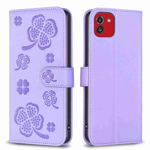 Funda de Cuero Samsung Galaxy A03 166mm con Relieve de Cuatro Hojas (Púrpura)