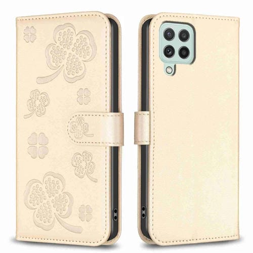 Funda de Cuero Samsung Galaxy A12 con Relieve de Cuatro Hojas (Dorado)