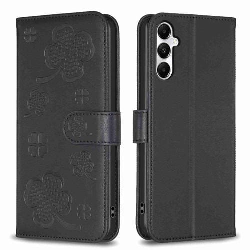 Funda de Cuero Samsung Galaxy A15 con Relieve de Cuatro Hojas (Negro)