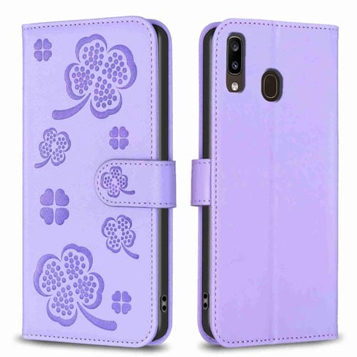 Funda para Teléfono Samsung Galaxy A20 A30 Cuero Relieve Cuatro Hojas (Púrpura)
