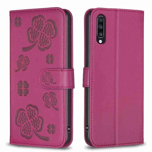 Funda para Teléfono Samsung Galaxy A70 Cuero con Relieve de Cuatro Hojas (Rojo Rosa)