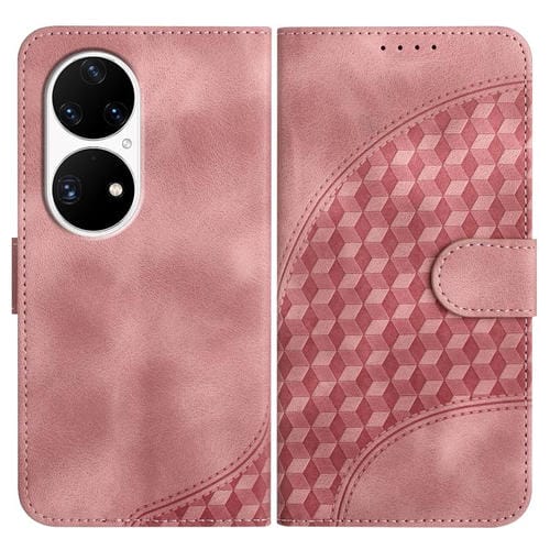 Funda de Cuero con Relieve Cabeza de Elefante para Huawei P50 Pro con Cordón (Rosa)