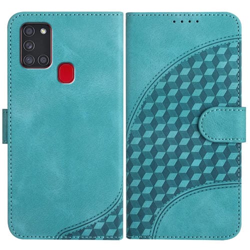 Funda de Cuero Samsung Galaxy A21S Yx0060 con Relieve de Cabeza de Elefante y Cordón (Azul Claro)