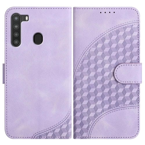 Funda de Cuero Samsung Galaxy A21 Versión UE Yx0060 con Relieve Cabeza Elefante y Cordón (Púrpura Claro)