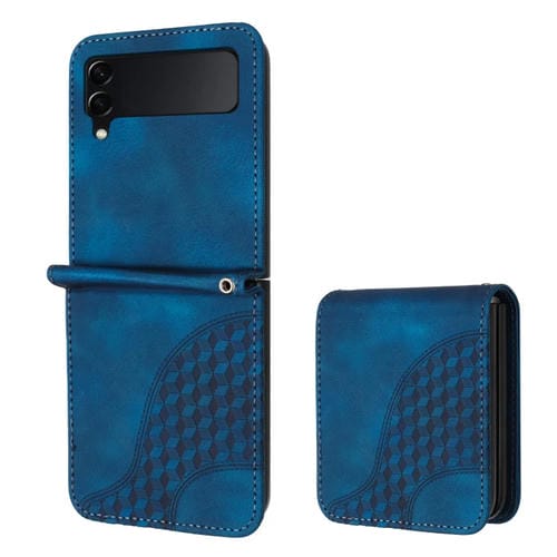 Funda de Cuero Samsung Galaxy Z Flip3 5G Yx0060 con Relieve y Cabeza de Elefante con Cordón (Azul Real)