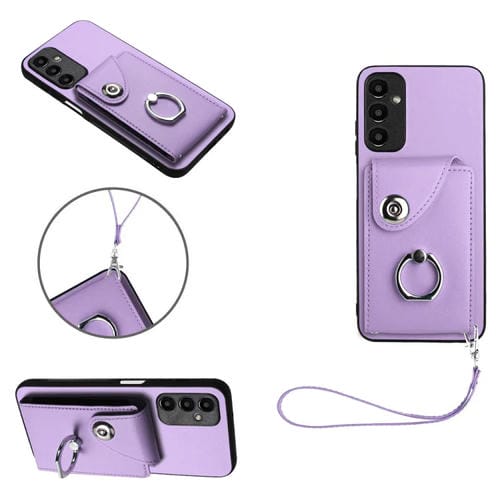 Funda para Teléfono Samsung Galaxy A14 5G de PU con Soporte para Anillo y Bolsa para Tarjeta con Cordón (Púrpura)