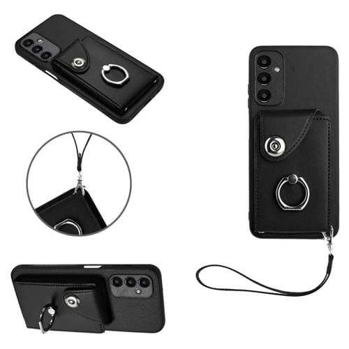 Funda para Teléfono Samsung Galaxy A24 4G de PU con Soporte para Anillo y Bolsa para Tarjeta con Cordón (Negro)
